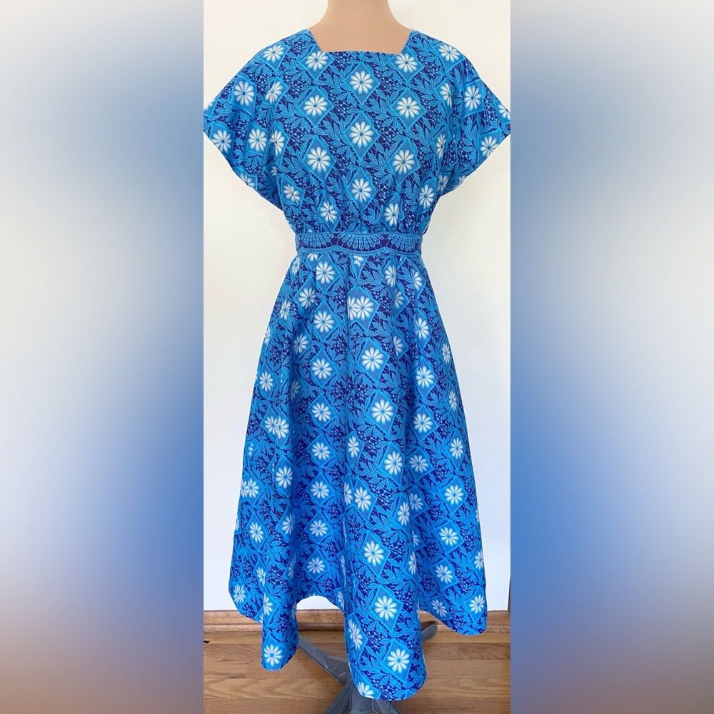 Vintage 50s-Inspired Cotton Sundress *Large* BLUE Embellished Backless Dress - Picture 2 of 7
